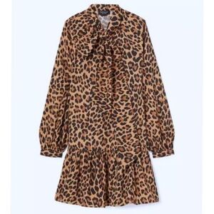 Kate Spade NY Leopard Print Necktie Drop Waist Drop Long Sleeves Swing Dress